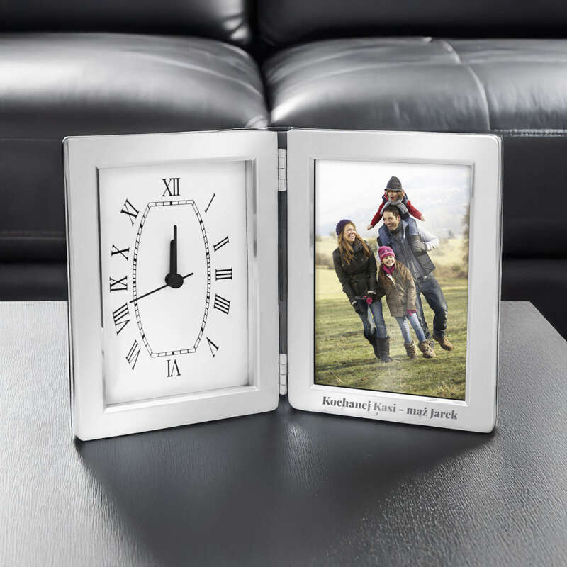 Posrebrzana ramka na zdjęcie z zegarem