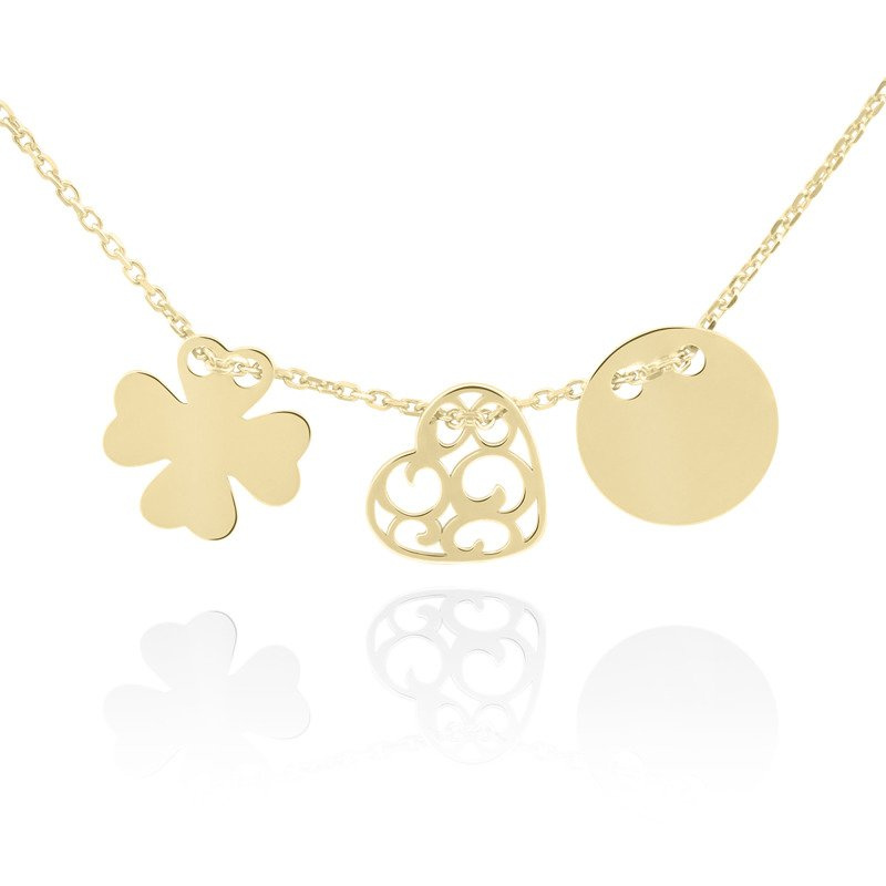 Srebrny naszyjnik pr. 925 koniczynka, serce i kółko