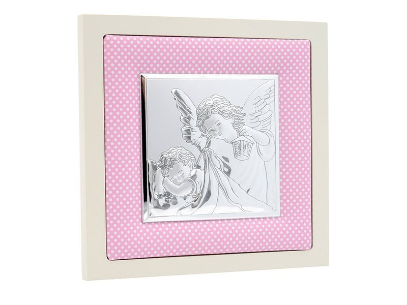 Obrazek srebrny Anioł Stróż w różowej ramce