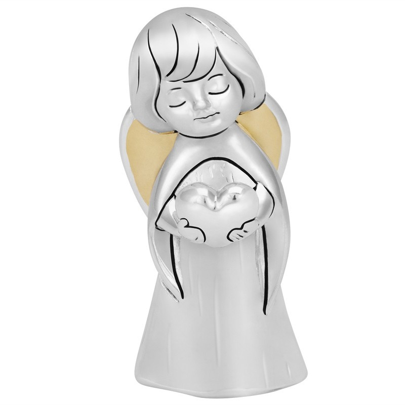 Figurka anioła z sercem, posrebrzana na Chrzest 
