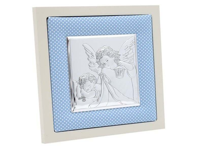 Obrazek srebrny Anioł Stróż w niebieskiej ramce