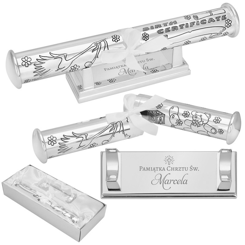 Posrebrzana tuba na akt urodzenia