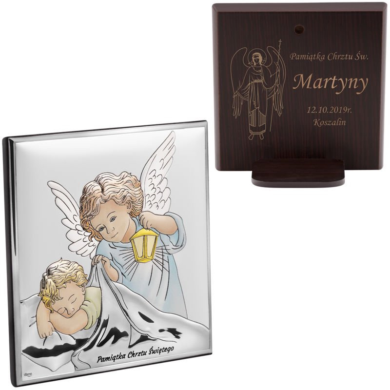 Srebrny obrazek z Aniołem Stróżem kolorowy