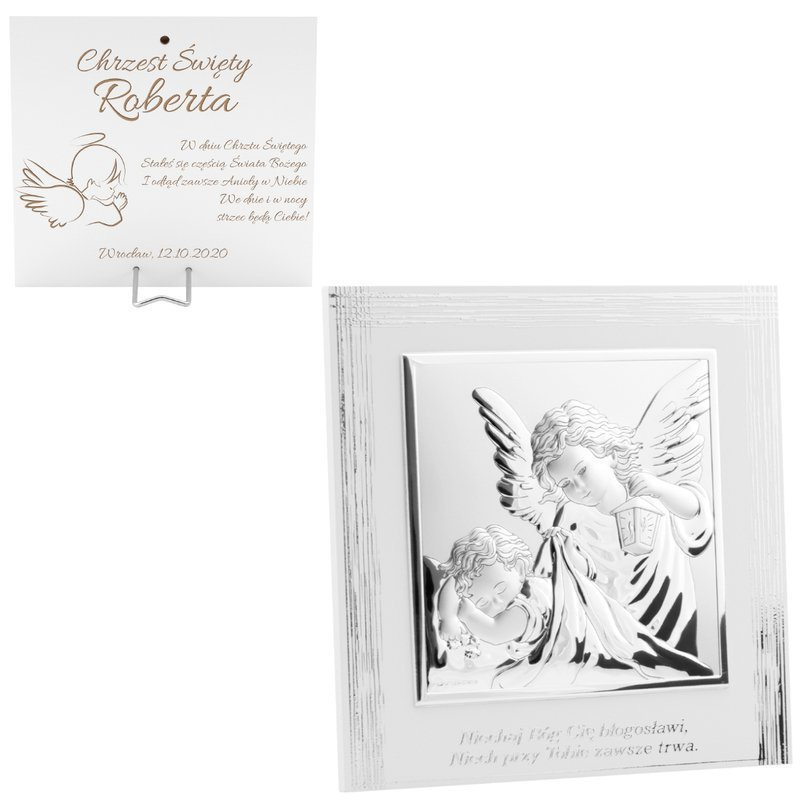 Srebrny Obrazek Anioł Stróż z latarenką 17x17 cm Pamiątka na chrzest