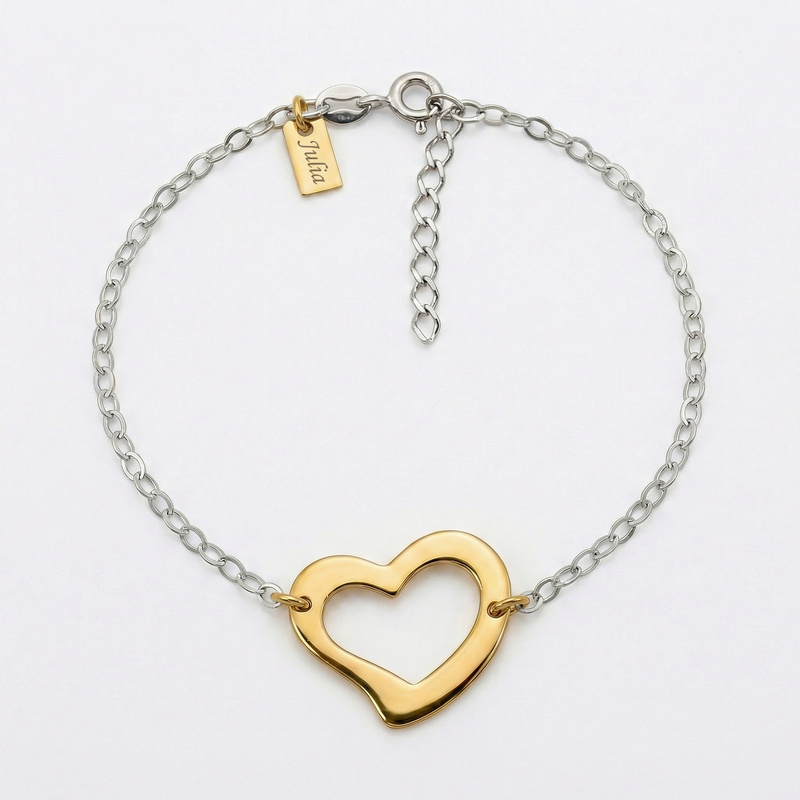 Bransoletka srebrna z pozłacanym sercem i blaszką pr. 925
