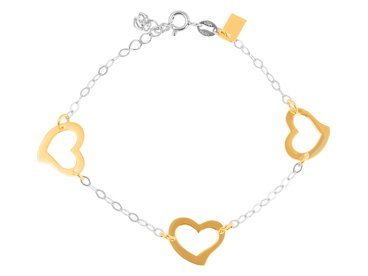 Bransoletka srebrna z pozłacanymi sercami i blaszką pr. 925