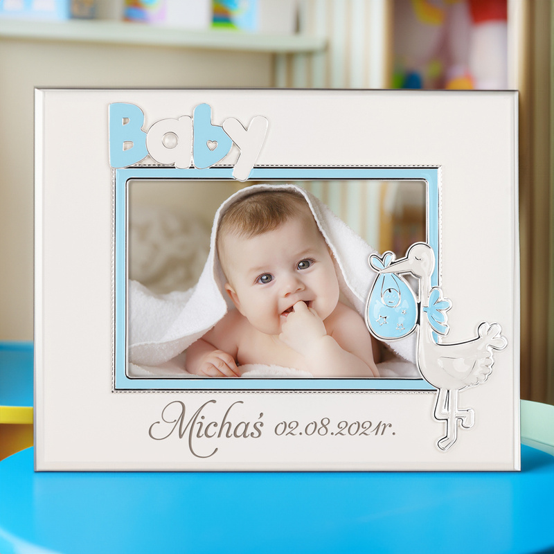 Ramka na zdjęcie dziecka z bocianem - niebieska / na Chrzest Św./ Baby Shower