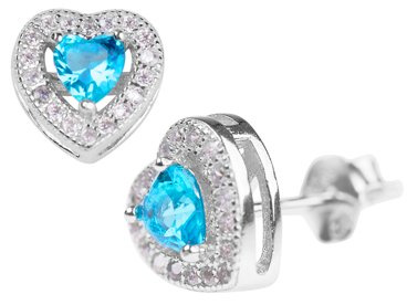 Srebrne kolczyki pr.925 akwamarynowe serduszka z cyrkoniami 