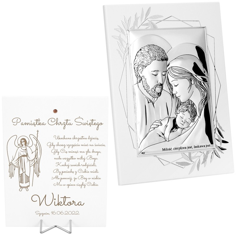 Srebrny obrazek na białym drewnie / Święta Rodzina