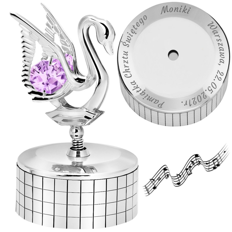 Pozytywka Posrebrzany Łabędź Swarovski Prezent na Chrzest
