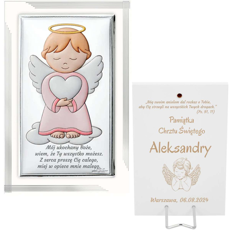 Obrazek na Chrzest - Anioł z sercem / posrebrzany / białe drewno / 16 x 10