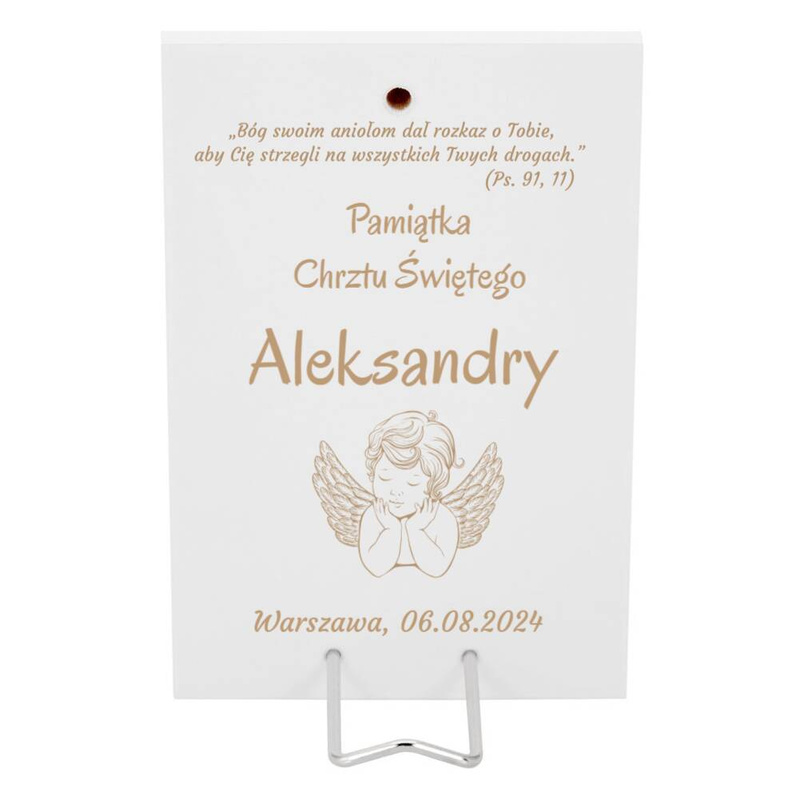 Obrazek na Chrzest - Anioł z sercem / posrebrzany / białe drewno / 16 x 10