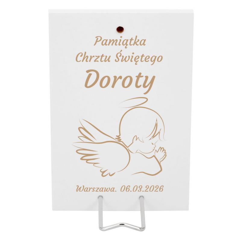 Obrazek na Chrzest - Anioł z sercem / posrebrzany / białe drewno / 16 x 10
