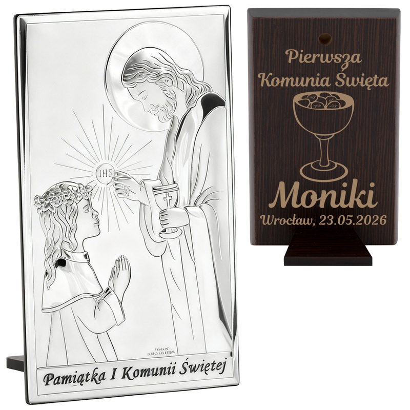 Obrazek Srebrny Dziewczynka Jezus Pamiątka na I Komunię Św. 9x15 cm