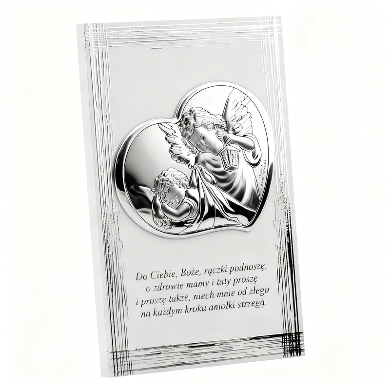 Srebrny Obrazek Anioł Stróż z latarenką 9,5x13 cm Pamiątka na chrzest