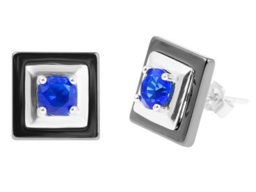 Srebrne kolczyki pr.925 czarne kwadraty z niebieskim oczkiem