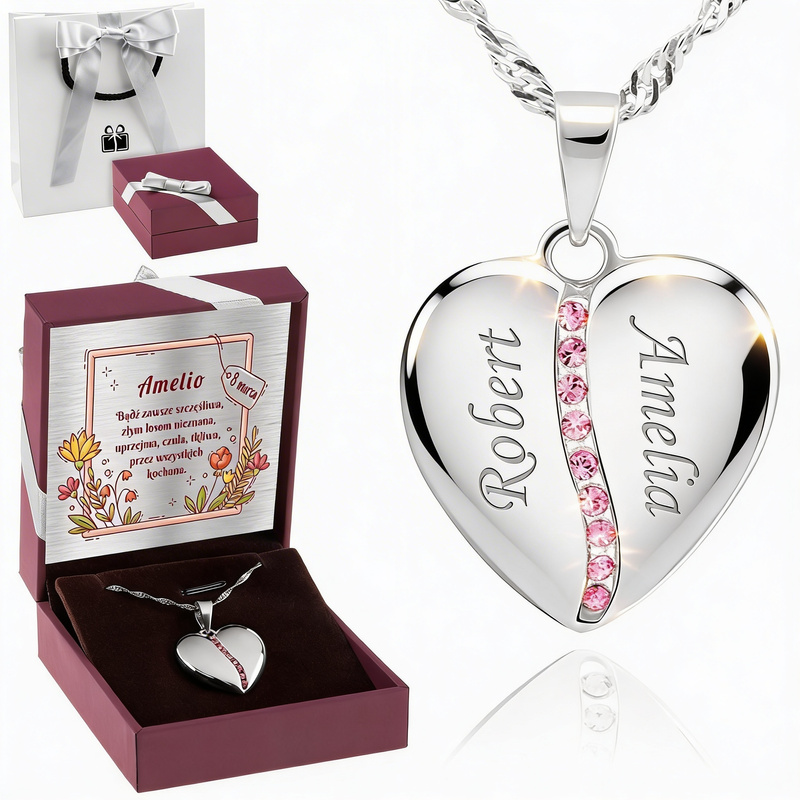 Wisiorek serce duże wypukle różowe kamienie G