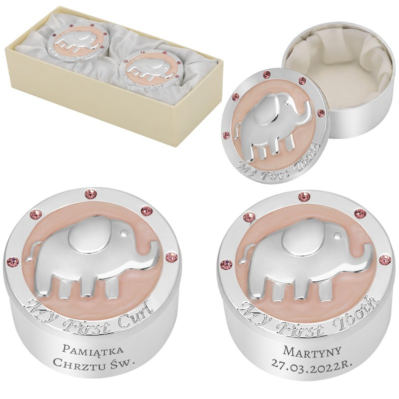 Puzderka na pierwszy ząbek i pukiel włosów ze słonikami.