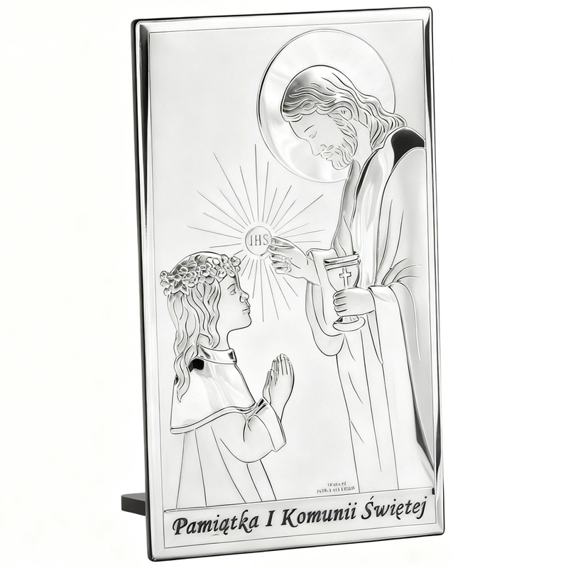 Obrazek Srebrny Dziewczynka Jezus Pamiątka na I Komunię Św. 9x15 cm