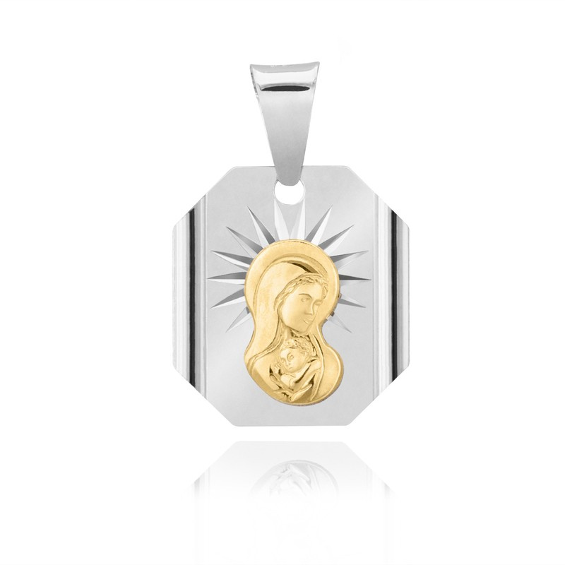 Srebrny medalik z Matką Boską, pozłacaną 
