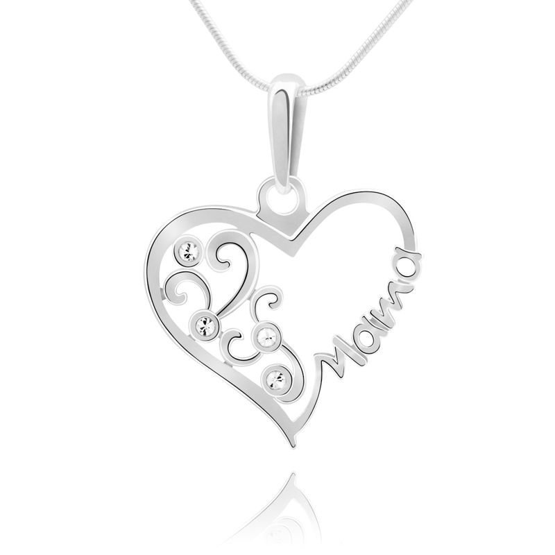 Srebrna zawieszka z napisem Mama z białymi kamykami