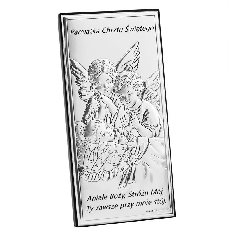 Obrazek Srebrny Anioł Stróż 14,3x7,3 cm Pamiątka Chrztu