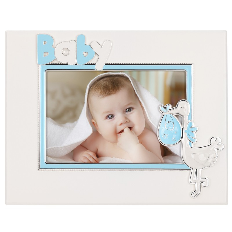 Ramka na zdjęcie dziecka z bocianem - niebieska / na Chrzest Św./ Baby Shower