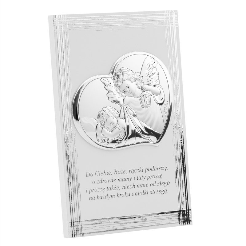 Srebrny Obrazek Anioł Stróż z latarenką 9,5x13 cm Pamiątka na chrzest